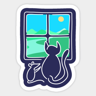 Cat and Mouse Window View WHITE OUTLINE Sticker